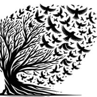 A black and white illustration of a tree with birds vector