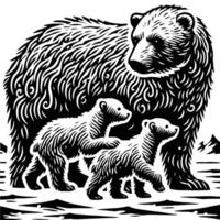 A black and white bear and cubs on a white background vector