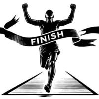 A runner crossing the finish line with a ribbon vector