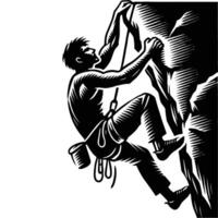 A black and white illustration of a man climbing on a rock vector