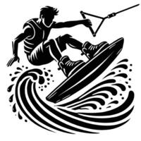 A black and white silhouette of a man on a wakeboard vector