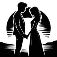 Silhouette of a couple holding hands in front of a sunset vector