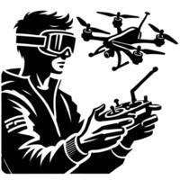 A man holding a remote control drone with goggles vector