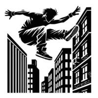 A silhouette of a man jumping over a building vector