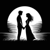 Silhouette of a couple holding hands in front of a full moon vector