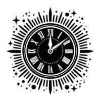 A black and white clock with stars and rays vector