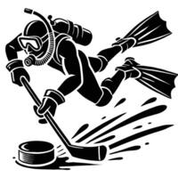 A black and white illustration of a diver diving for a puck vector