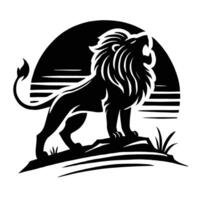 Lion silhouette on a hill with grass and sun vector