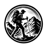 A man with a backpack and trek poles in the mountains vector