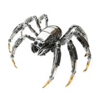 A chrome robotic spider with gold accents displays intricate detail, Isolated on Transparent Background png