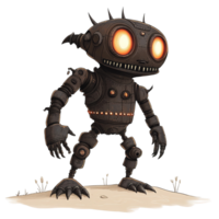 Glowing Eyed Rusty Robot Stands On Sandy Ground Isolated on Transparent Background png
