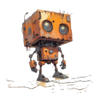 Rusty Cube Robot Standing in Mud Isolated on Transparent Background png