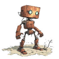 Rusty Robot Stands on Cracked Ground Near a Dead Branch Isolated on Transparent Background png