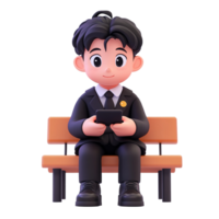 Cartoon businessman sits on bench using smartphone Isolated on Transparent Background png