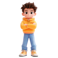 A 3D rendered boy model stands with arms crossed Isolated on Transparent Background png