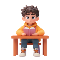 A pensive boy sits at a small table reading a book Isolated on Transparent Background png