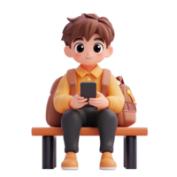 A Boy with Backpack Uses Smartphone While Sitting Isolated on Transparent Background png