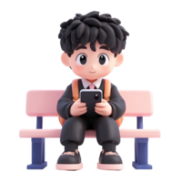 Cartoon Boy Student Using Smartphone On Bench Isolated on Transparent Background png