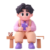 Boy Sitting on Bench Using Phone With Pet Isolated on Transparent Background png