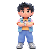 A stylish 3D rendered boy model stands with arms crossed Isolated on Transparent Background png