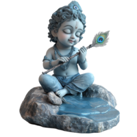 Serene Baby Krishna Statue Playing Flute on Rock Isolated on Transparent Background png