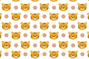 A pattern with a tiger face and flowers vector