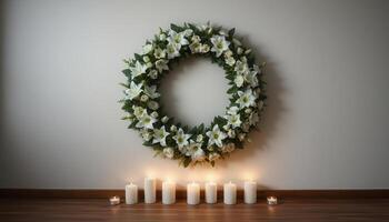 Funeral wreath with an empty center for text or photo, hanging on a plain wall with white candles burning below, creating a solemn atmosphere.24 photo