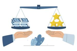 Balance scales between money and quality, High quality products create more value, Businessman hands offer quality goods in exchange for a large sum of money, Flat design illustration. vector