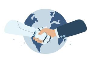 Handshake between human and robot on the world, Robotic AI and businessman shaking hands, Online collaboration between humans and artificial intelligence, Technological advancement, design. vector