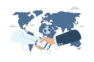 Handshake between human and robot on the world map, Robotic AI and businessman shaking hands, Online collaboration between humans and artificial intelligence, Technological advancement, . vector