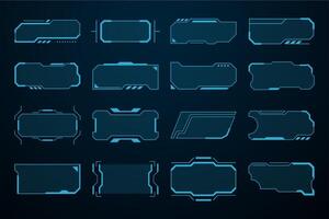 Futuristic HUD title frames with neon blue outlines on a dark background. Cyberpunk interfaces and gaming overlays vector