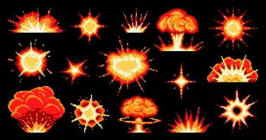 8 bit pixel game bomb blast and fire explosion vector