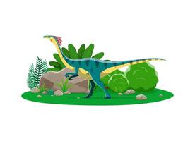 A dinosaur is standing in the grass with rocks and plants vector