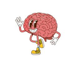 Cartoon groovy human brain happy smiling character vector