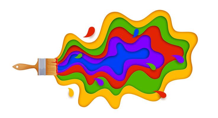 Paper cut banner of brush and color paints splash