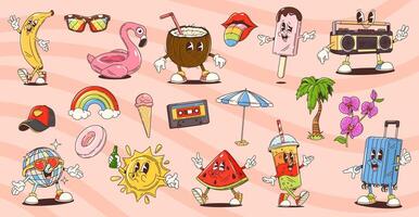 Groovy travel and summer beach leisure characters vector
