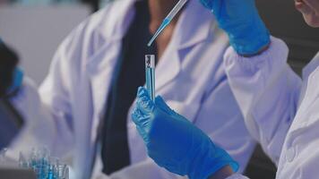 Two people in lab coats holding up test tubes video