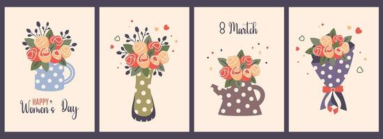 Set of Womens Day posters. Greeting text. Bouquet of flowers in vase. Bunch of roses in boot. Spring background. hand drawn flat illustration for web, print, holidays vector
