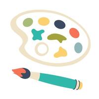 Palette paints and brush. Hand drawn Palette of colours isolated on white background. Used brush and painting palette with color paints. Clip art. Artistic drawing concept. illustration vector