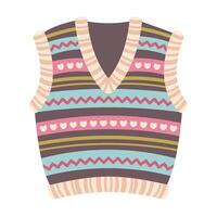 Colour Wool sweater vest isolated on white background. Knitted wool vest decorated various patterns. Warm comfy softness woolly Waistcoat. Handicraft. Creative hobby concept. illustration vector