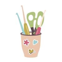 Various crochet hooks and scissor in cute box. Crochet. Hooking and Knitting concept. Crocheting elements in plastic cup with stickers. Hand drawn Knitting tools, sewing accessories. vector
