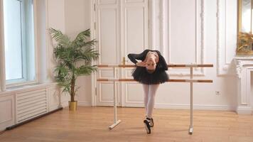 Young ballerina in tutu skirt stretching practicing ballet positions dancing near ballet barre in dance class. Young classical dancer woman in dance studio. Ballet class training Ballet school concept video