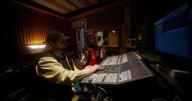 A man in a recording studio with a computer and a man in a hat video