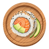 Sushi roll on a wooden plate with cucumber and salmon png