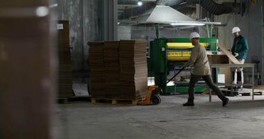 Two workers are moving boxes in a factory video