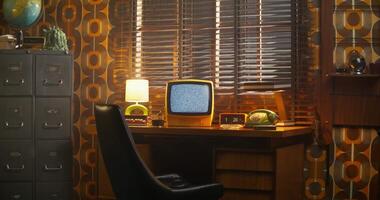 A desk with a computer and a lamp sitting on it video