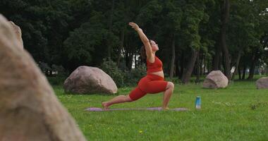 A woman in an orange top is doing yoga in the grass video