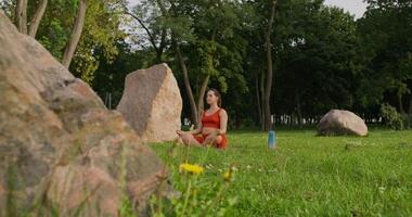 A woman sitting on the grass near large rocks video