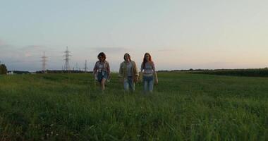 Three women walking in a field with a power line video