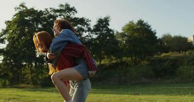 Two people are hugging in the grass video